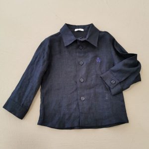 Le Bebè Camicia in lino blu con logo ricamato