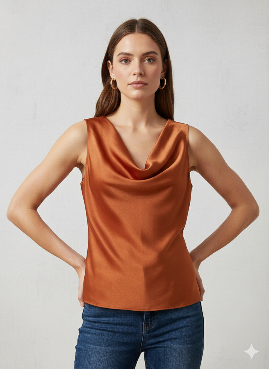 Canotta in morbido Raso con Scollo ad anello in colore Ruggine – Eleganza e Lucentezza Made in Italy - immagine 2