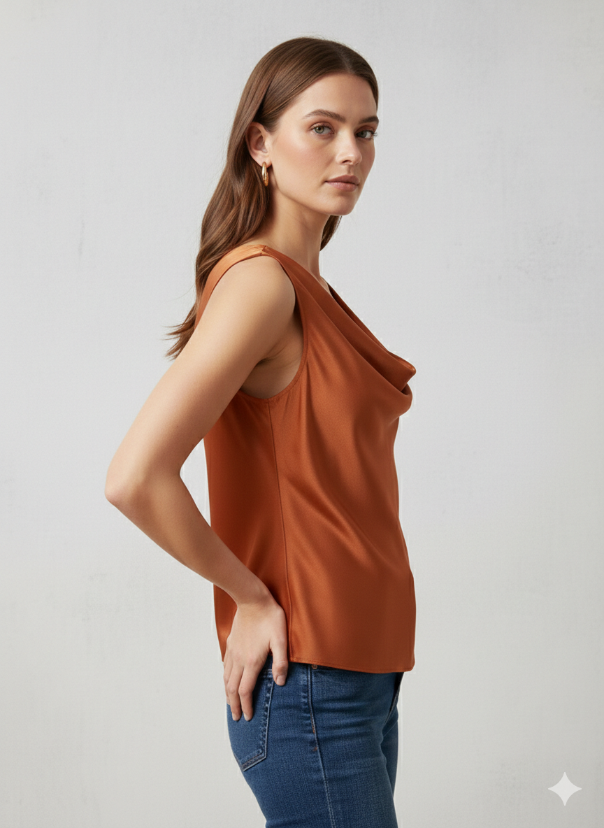 Canotta in morbido Raso con Scollo ad anello in colore Ruggine – Eleganza e Lucentezza Made in Italy - immagine 4