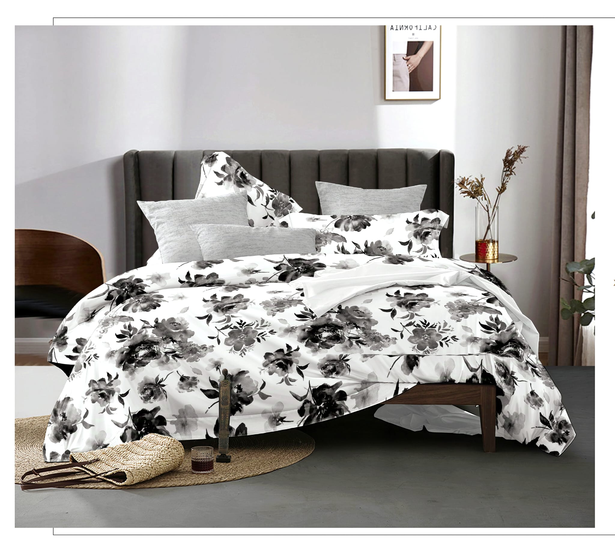 Copripiumino matrimoniale con federe – collezione “Fiori in Bianco e Nero” – - immagine 2