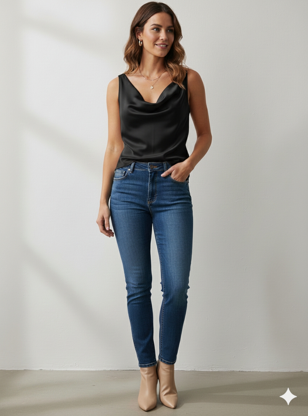 Canotta in morbido Raso con Scollo ad anello in colore nero – Eleganza e Lucentezza Made in Italy - immagine 3