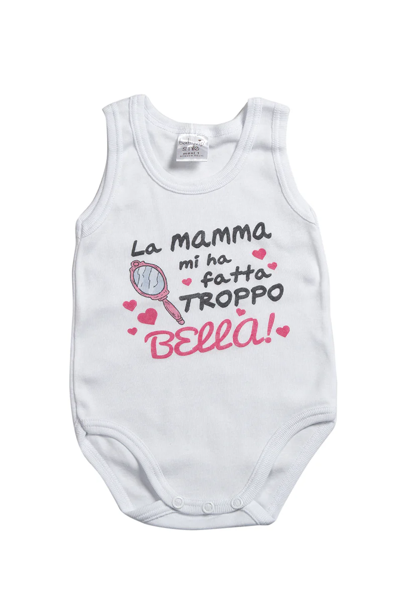 Body spalla larga in cotone con stampa "La mamma mi ha fatto troppo bella!" - immagine 2