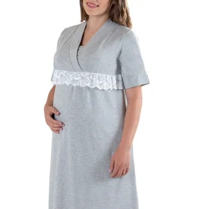 Camicia da notte pre-post parto mezza manica con taglio incrociato e pizzo