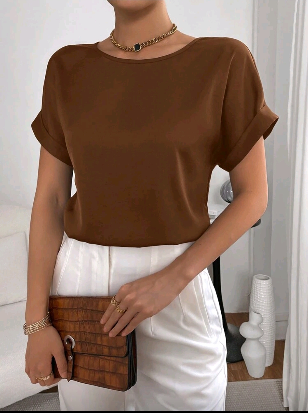 Maglia/Sottogiacca a mezza manica in morbido raso colore marrone - immagine 5