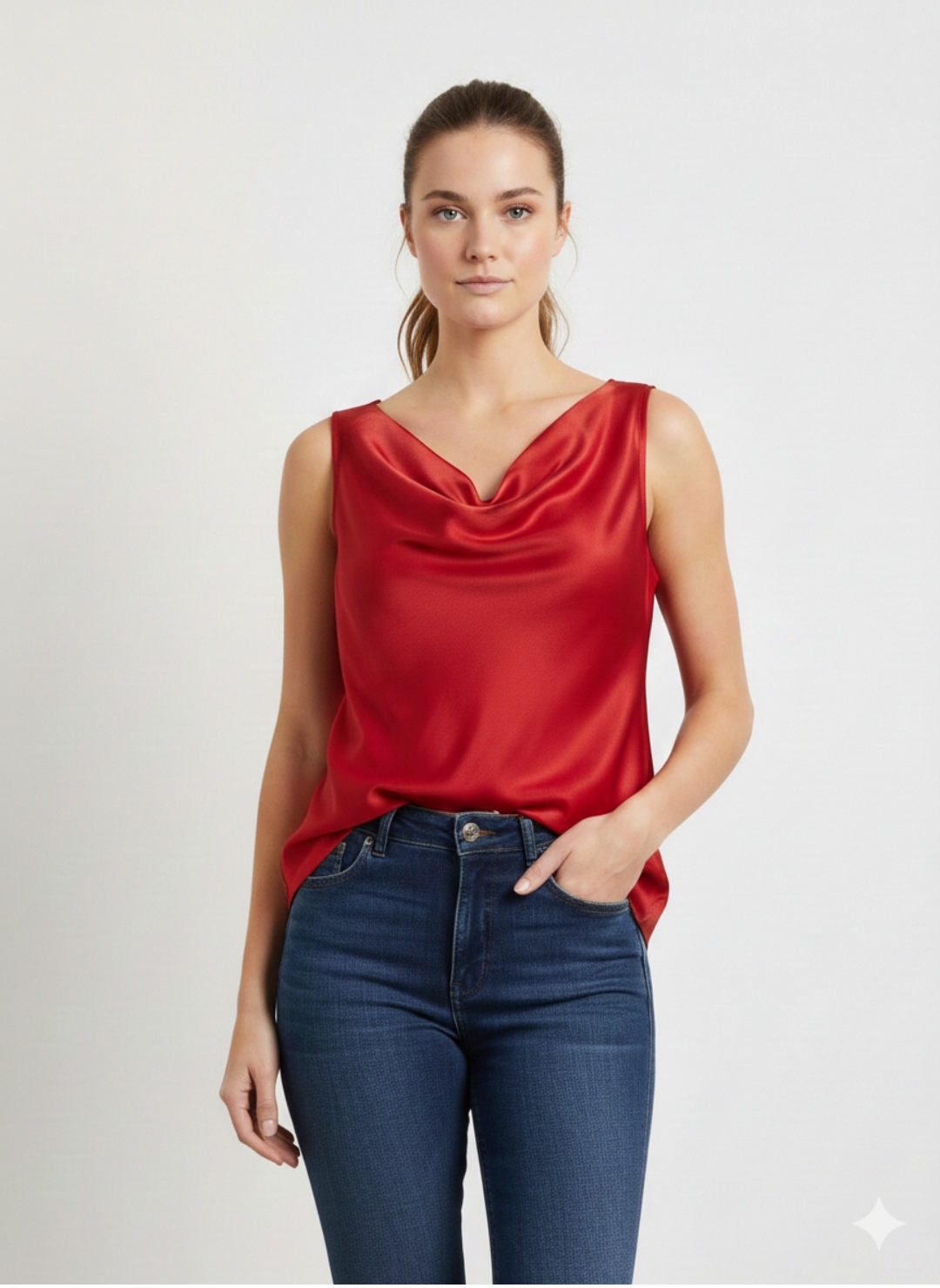 Canotta in morbido Raso con Scollo ad anello in colore Rosso– Eleganza e Lucentezza Made in Italy - immagine 2