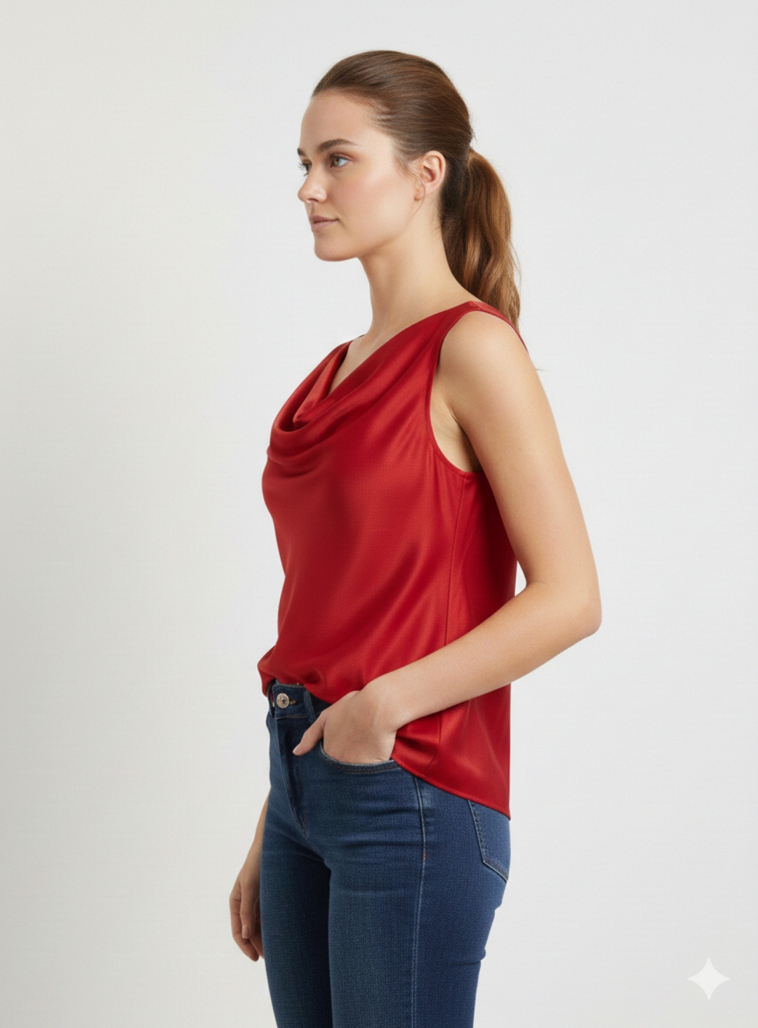 Canotta in morbido Raso con Scollo ad anello in colore Rosso– Eleganza e Lucentezza Made in Italy - immagine 4