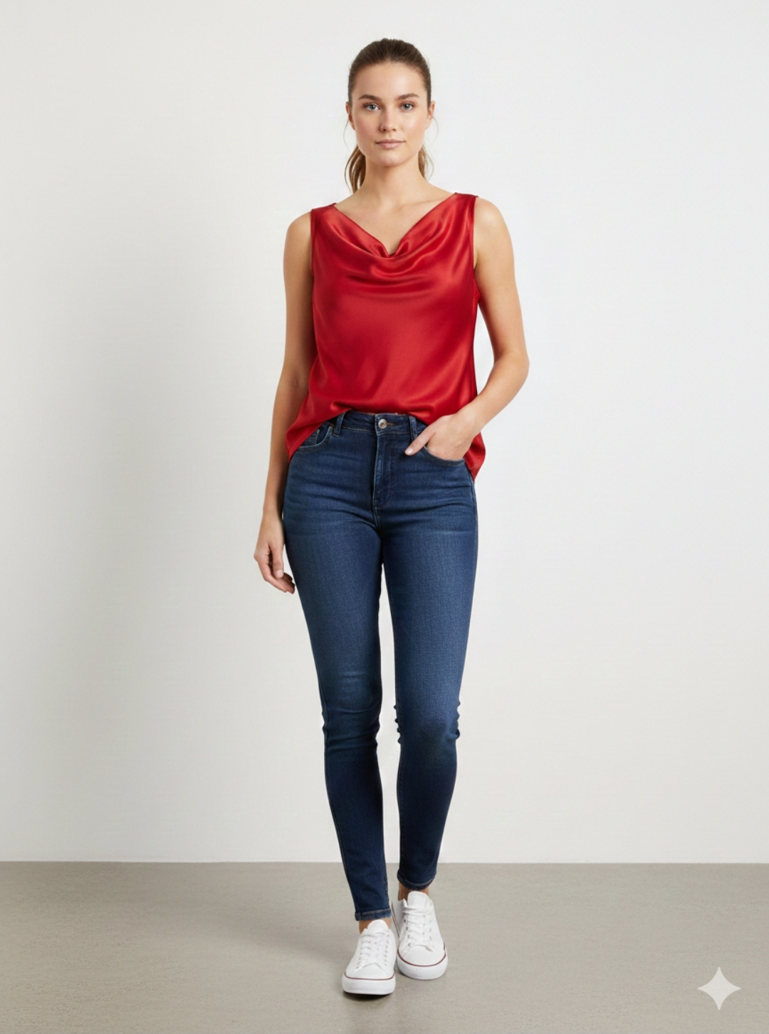 Canotta in morbido Raso con Scollo ad anello in colore Rosso– Eleganza e Lucentezza Made in Italy - immagine 3
