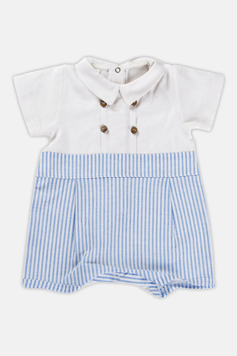 Pagliaccetto in tessuto effetto lino con pieghe, bottoni e inserti rigati