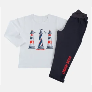 Completo: T-shirt manica lunga in cotone elasticizzato con stampa e pantalone in felpina con stampa sul fondo e risvolti