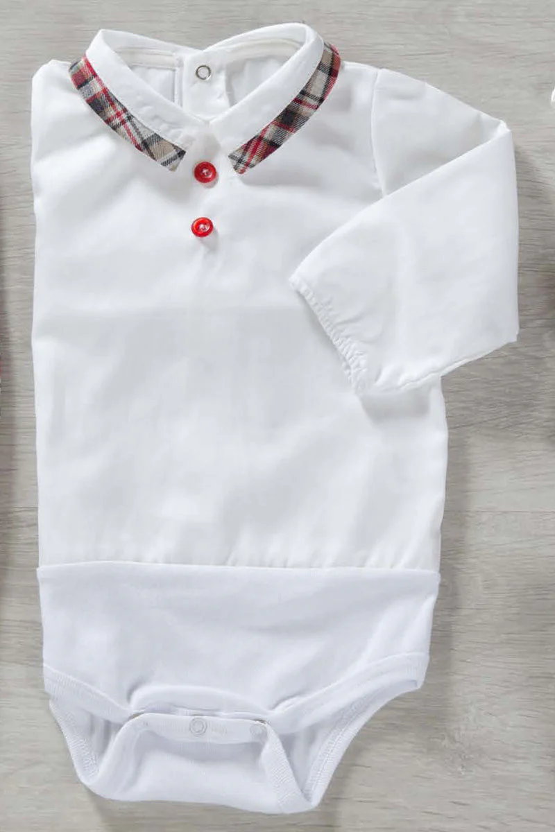 Body a camicia in cotone con colletto, profilo in tessuto scozzese e bottoncini - immagine 3