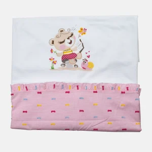Copertina in cotone con inserto in tessuto rigato con applicazioni, rouches e stampa