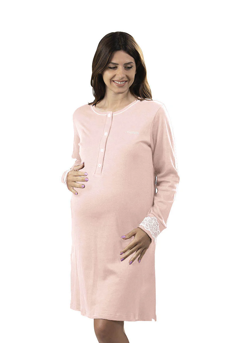 Camicia da notte premaman modello serafino in cotone manica lunga con pizzo e strass - immagine 3