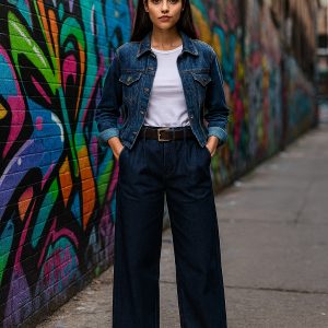 Pantalone Wide-Leg in denim blu notte